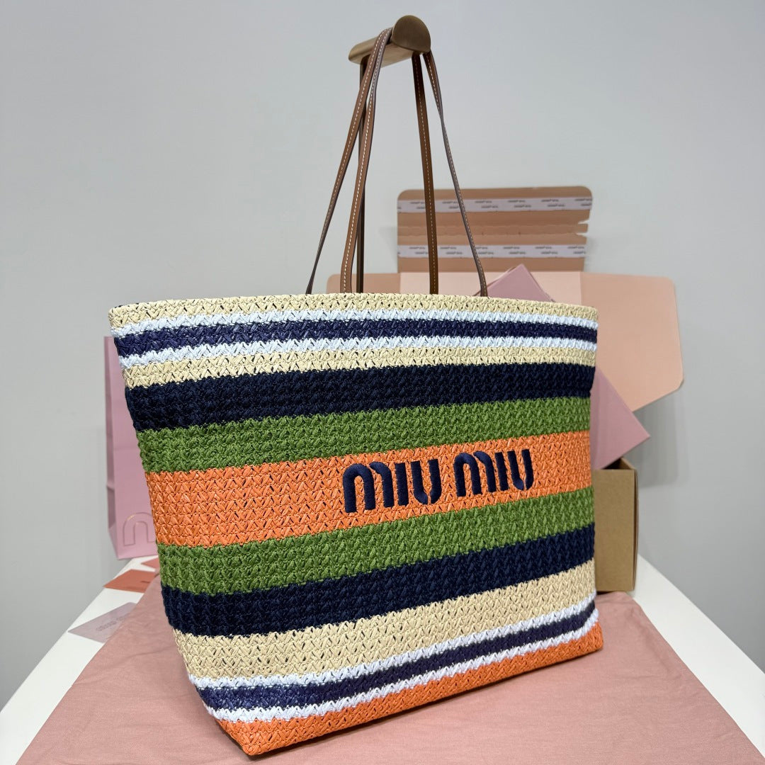 Miu Miu Striped Woven Tote Bag – Green & Orange