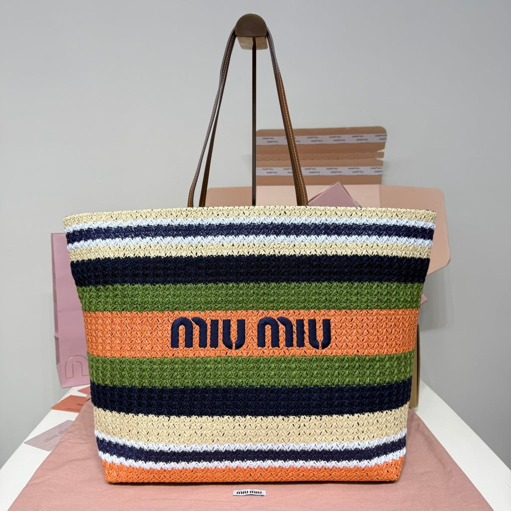 Miu Miu Striped Woven Tote Bag – Green & Orange