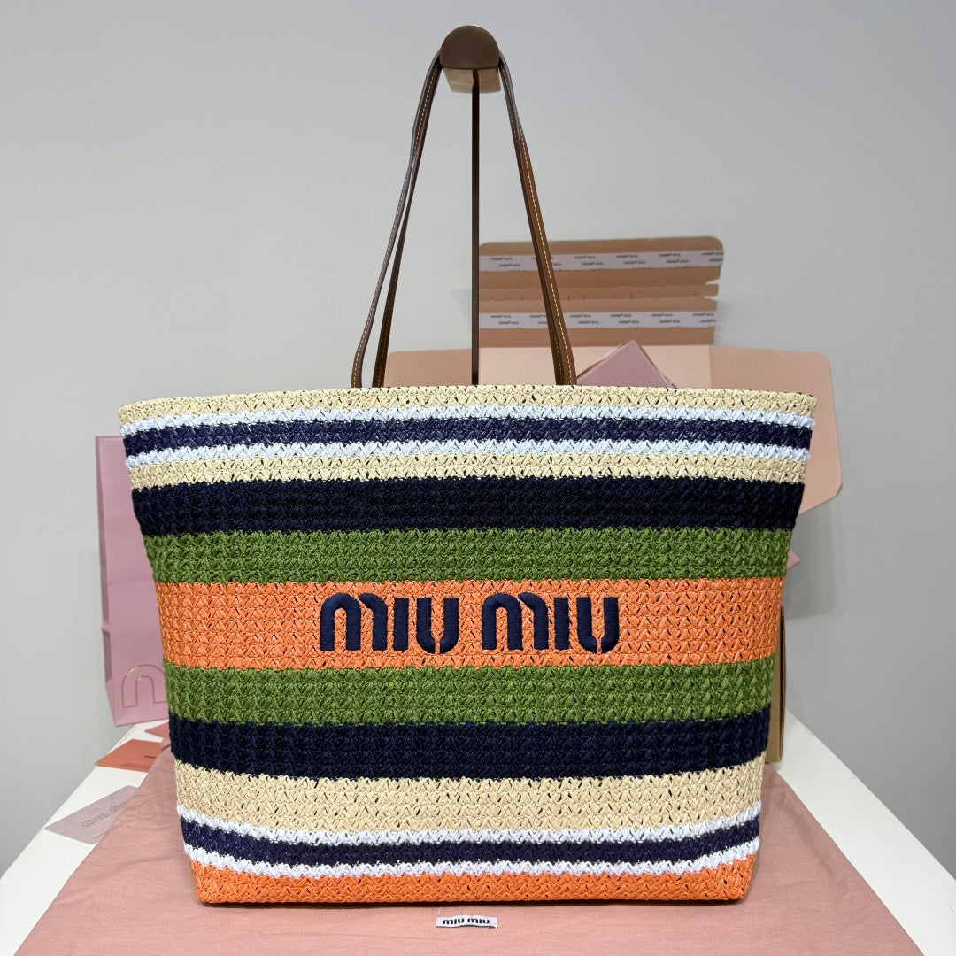 Miu Miu Striped Woven Tote Bag – Green & Orange