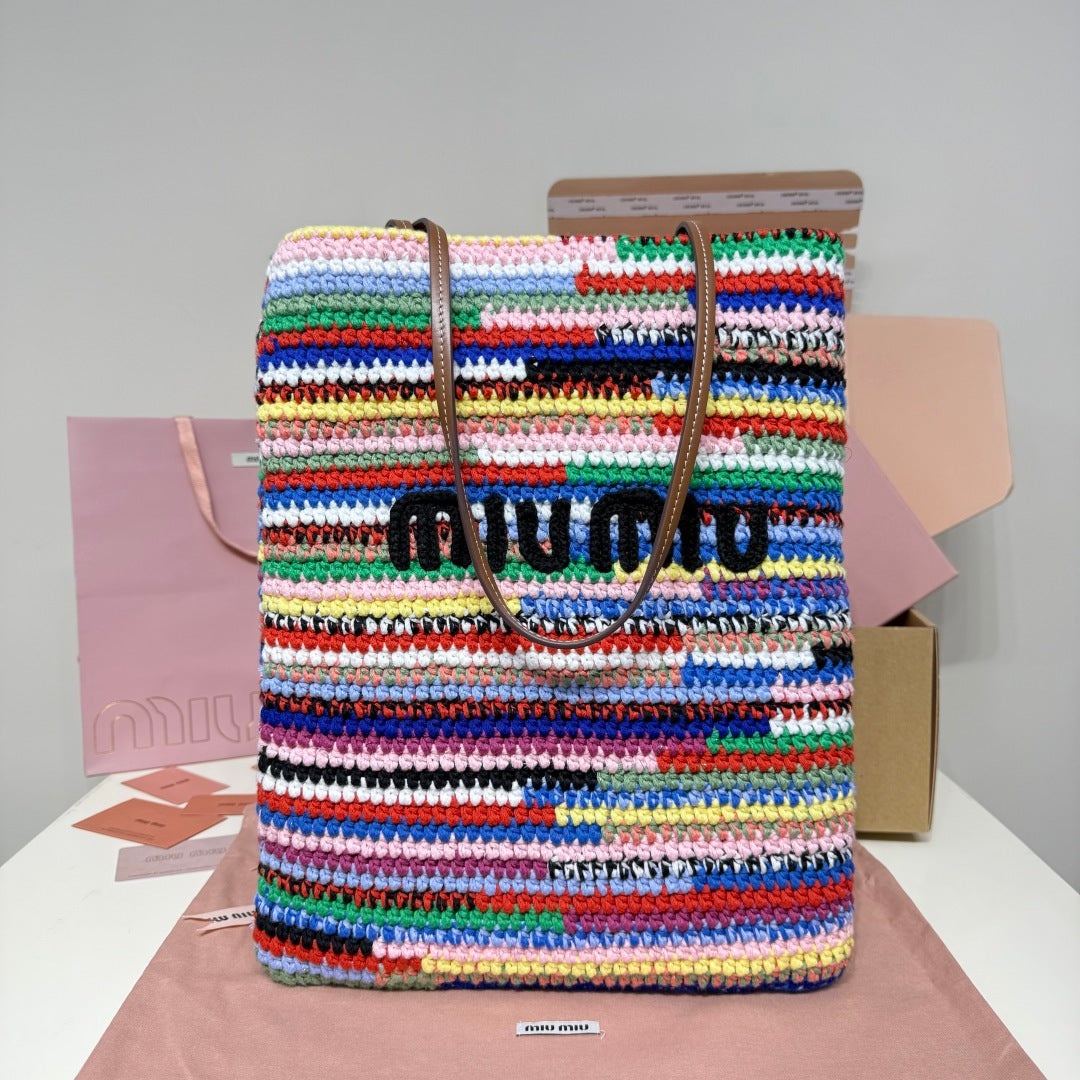 Miu Miu Multicolor Woven Vertical Tote Bag – Rainbow