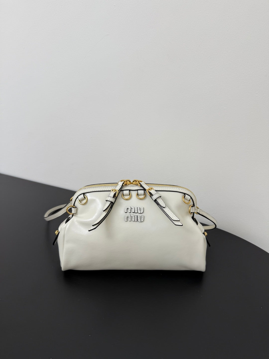 Miu Miu Leather Drawstring Shoulder Bag – White