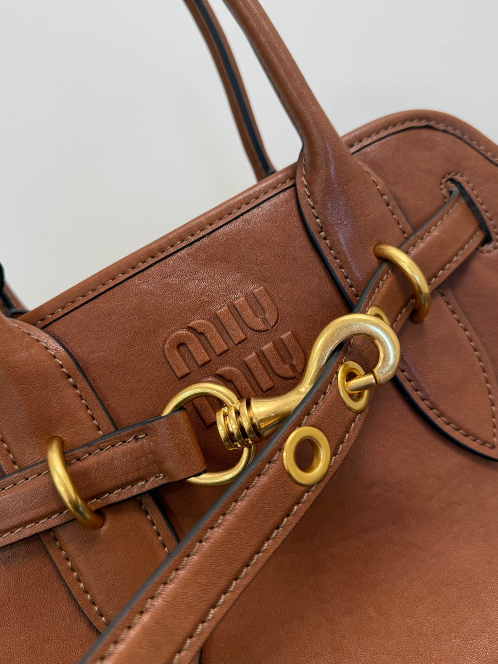 Miu Miu Aventure Belted Leather Tote Bag – Cognac