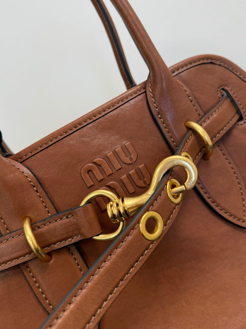 Miu Miu Aventure Belted Leather Tote Bag – Cognac