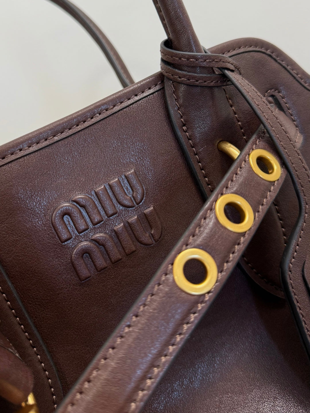 Miu Miu Aventure Belted Leather Tote Bag – Dark Brown