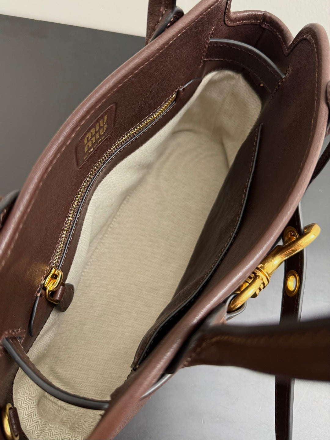 Miu Miu Aventure Belted Leather Tote Bag – Dark Brown