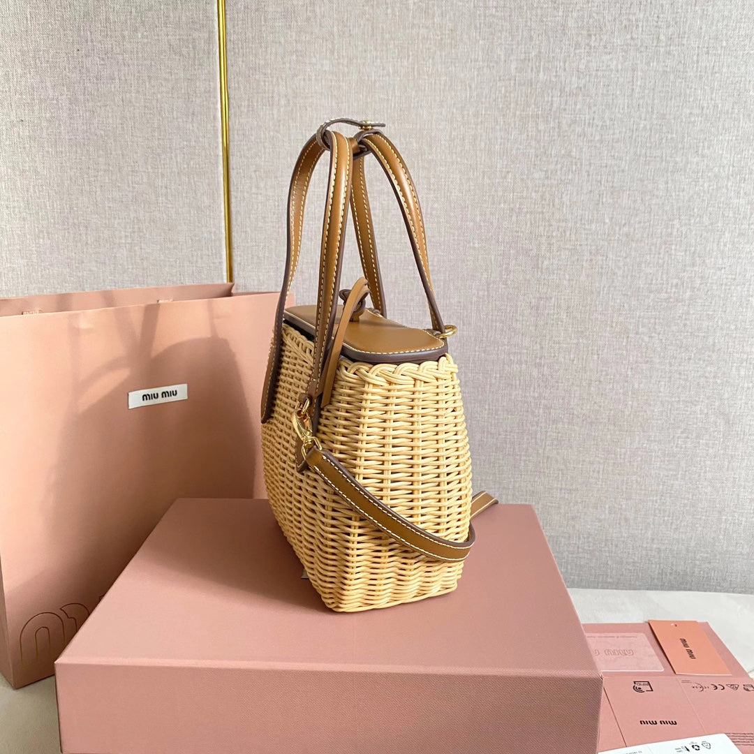 Miu Miu Woven Basket Top Handle Bag – Natural & Brown