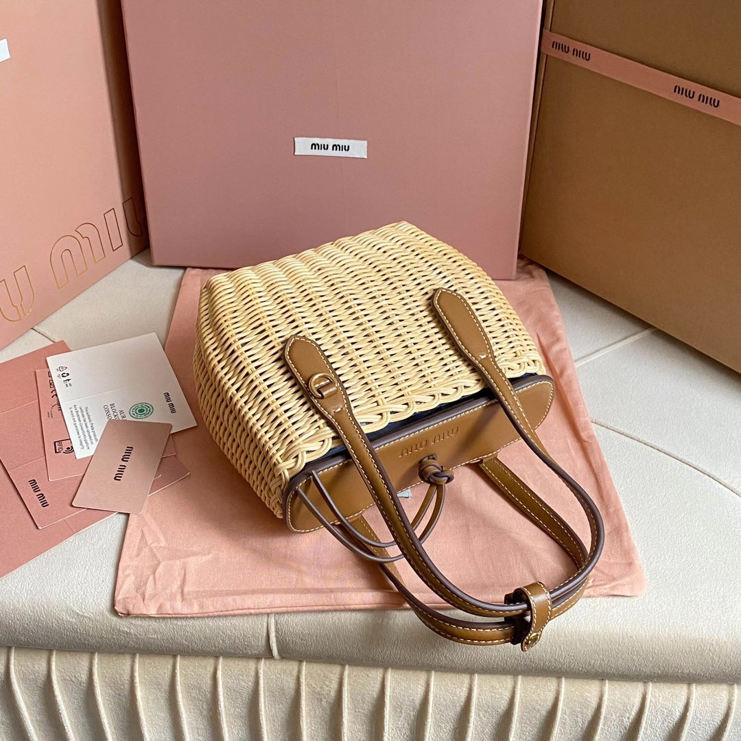 Miu Miu Woven Basket Top Handle Bag – Natural & Brown