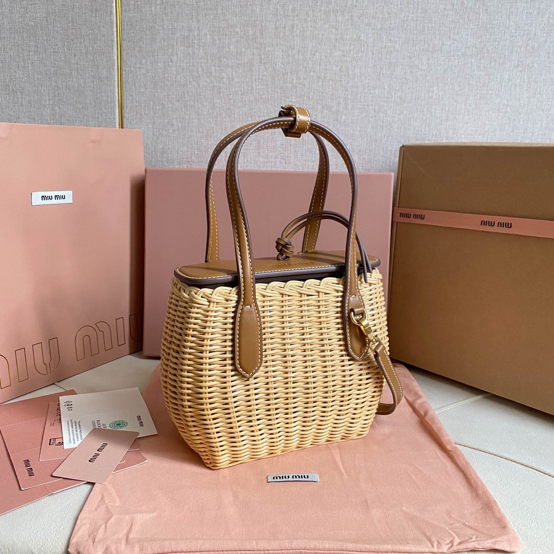 Miu Miu Woven Basket Top Handle Bag – Natural & Brown