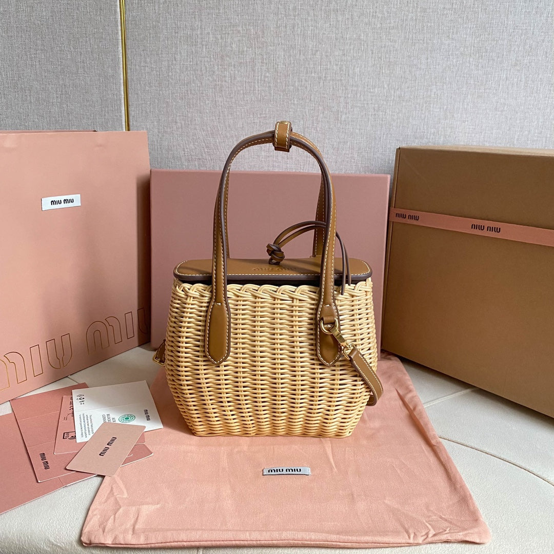 Miu Miu Woven Basket Top Handle Bag – Natural & Brown