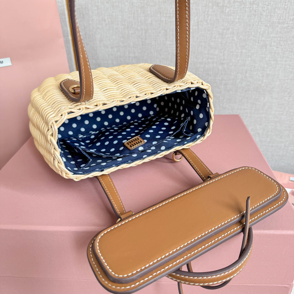 Miu Miu Woven Basket Top Handle Bag – Natural & Brown