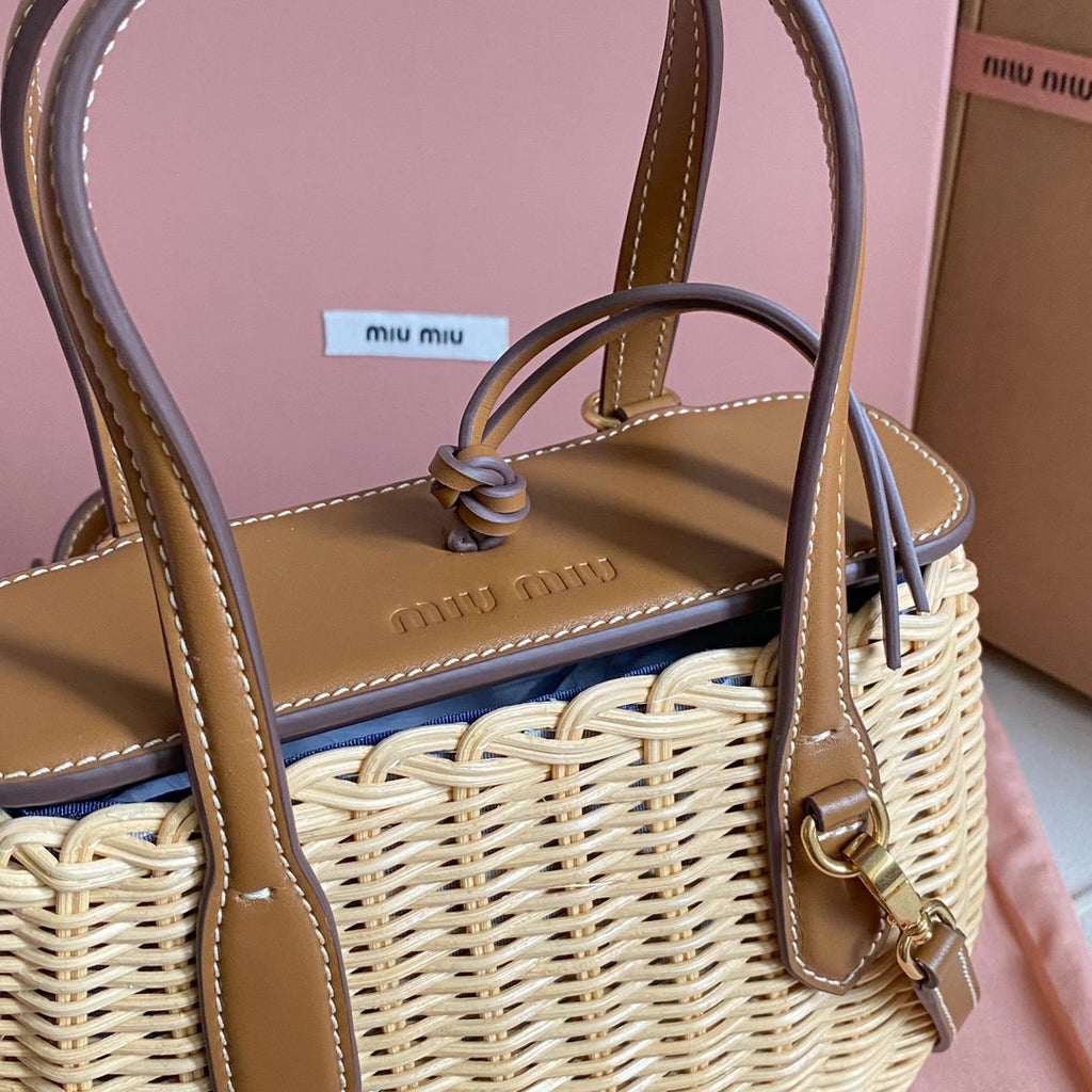 Miu Miu Woven Basket Top Handle Bag – Natural & Brown
