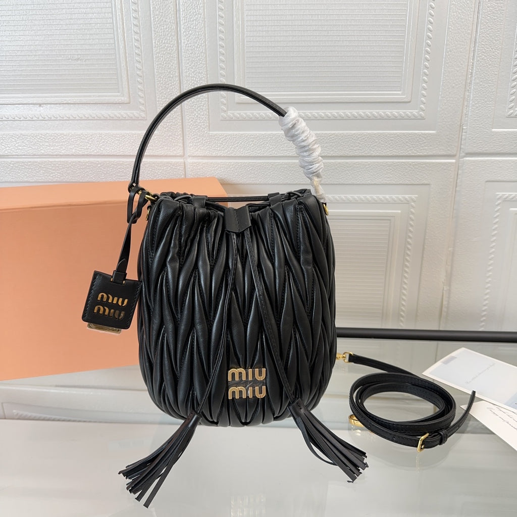 Miu Miu Pocket Matelassé Drawstring Bag – Black