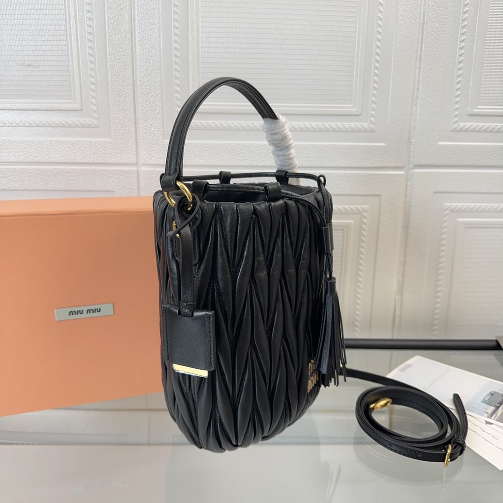 Miu Miu Pocket Matelassé Drawstring Bag – Black