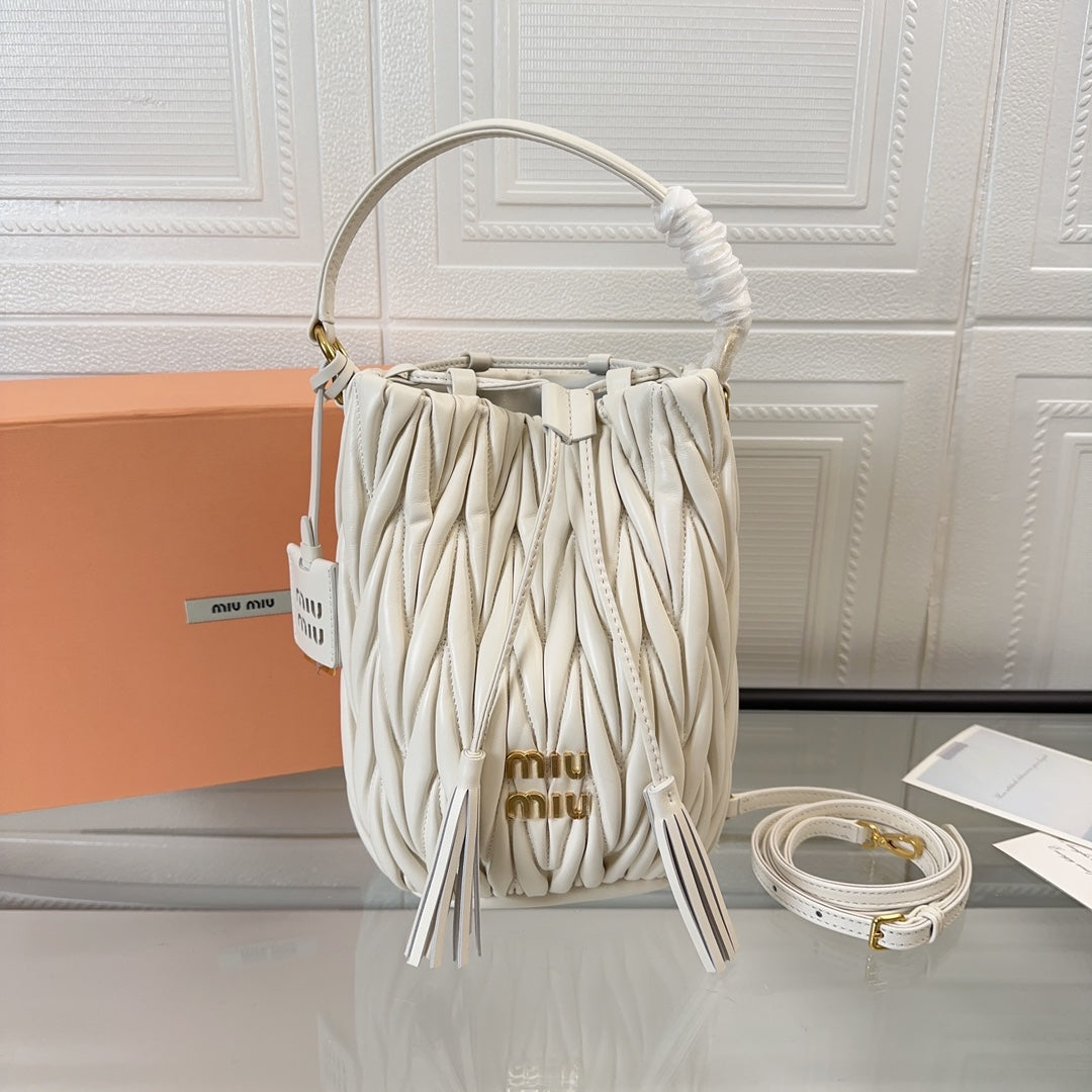 Miu Miu Pocket Matelassé Drawstring Bag – White