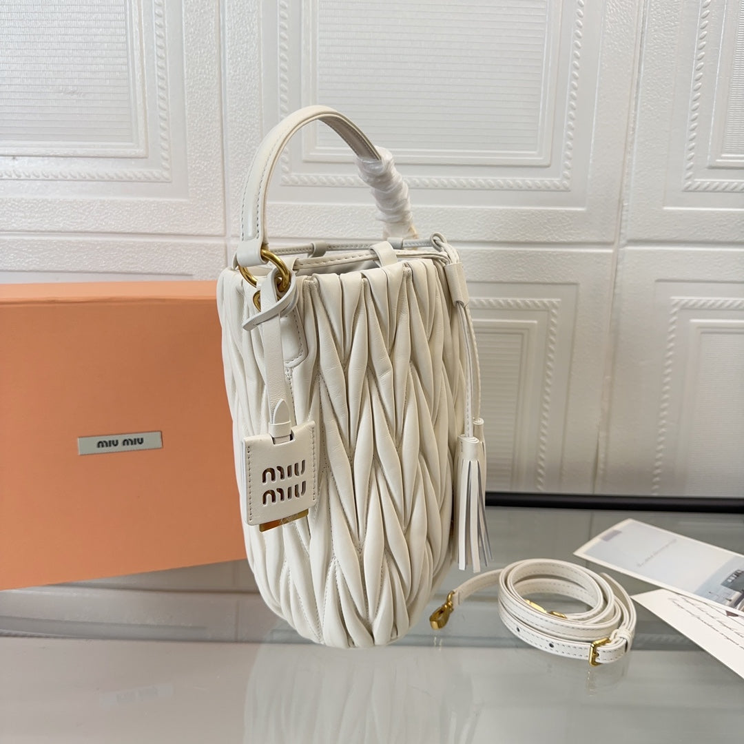 Miu Miu Pocket Matelassé Drawstring Bag – White