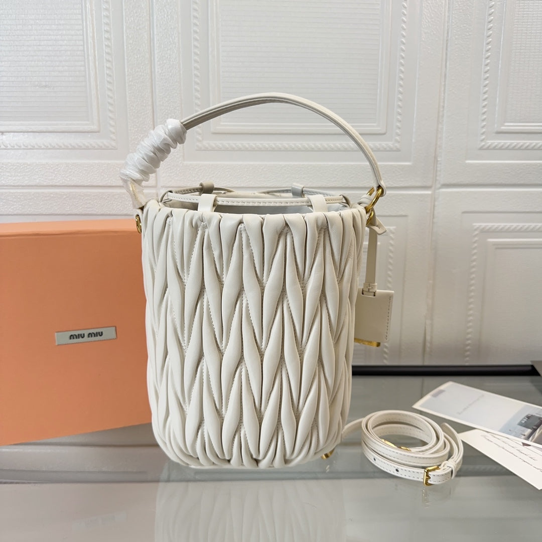 Miu Miu Pocket Matelassé Drawstring Bag – White