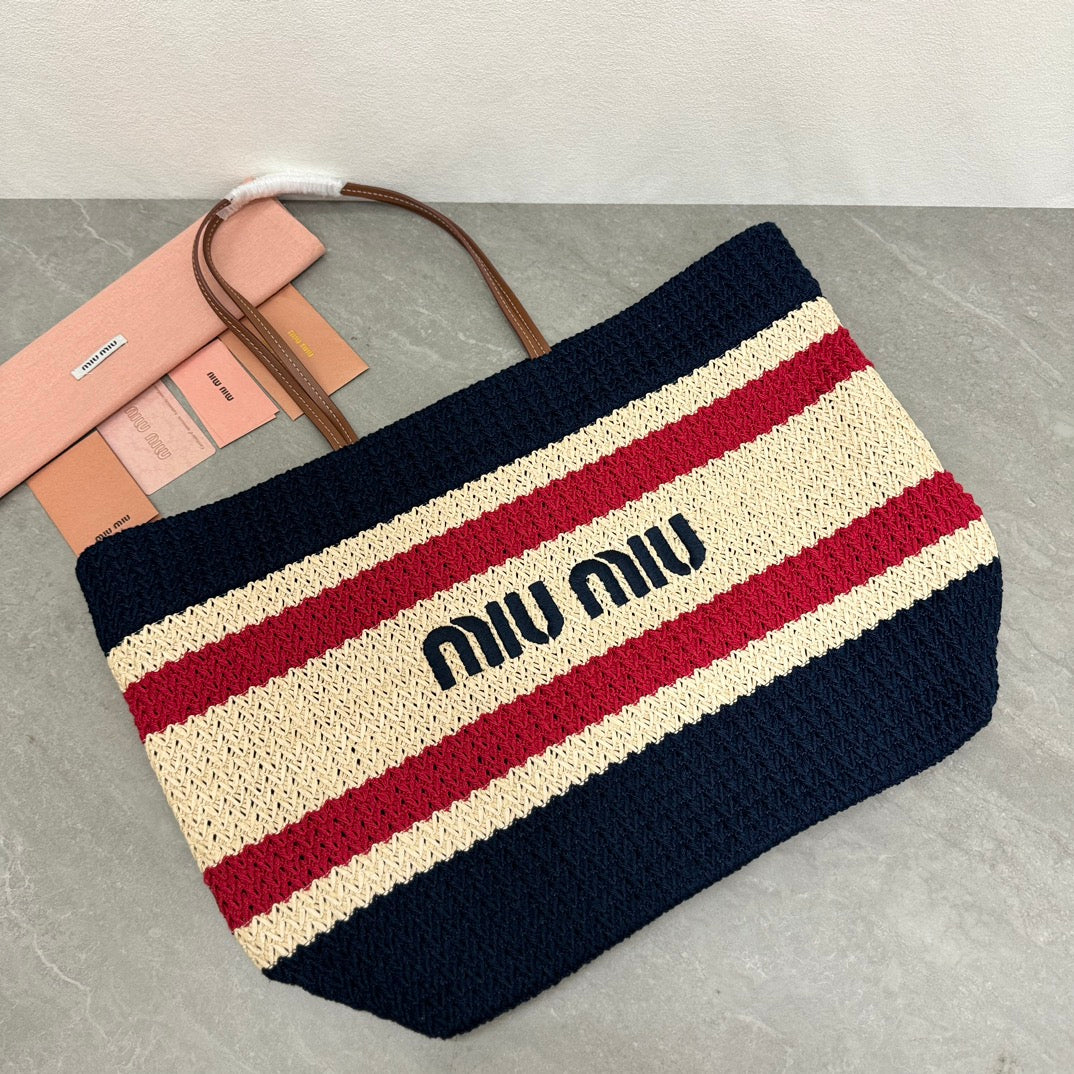 Miu Miu Striped Crochet Tote Bag – Navy & Red