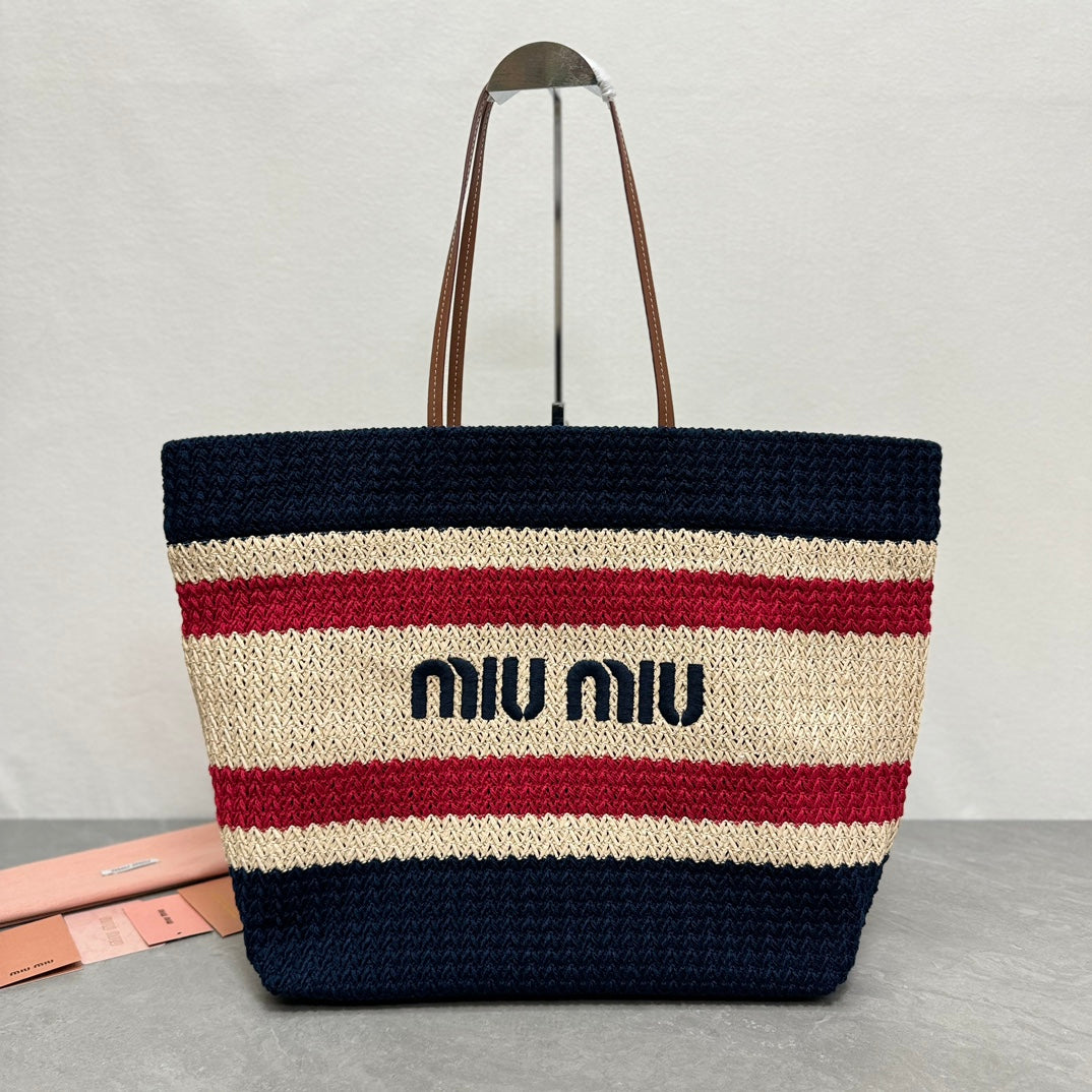 Miu Miu Striped Crochet Tote Bag – Navy & Red