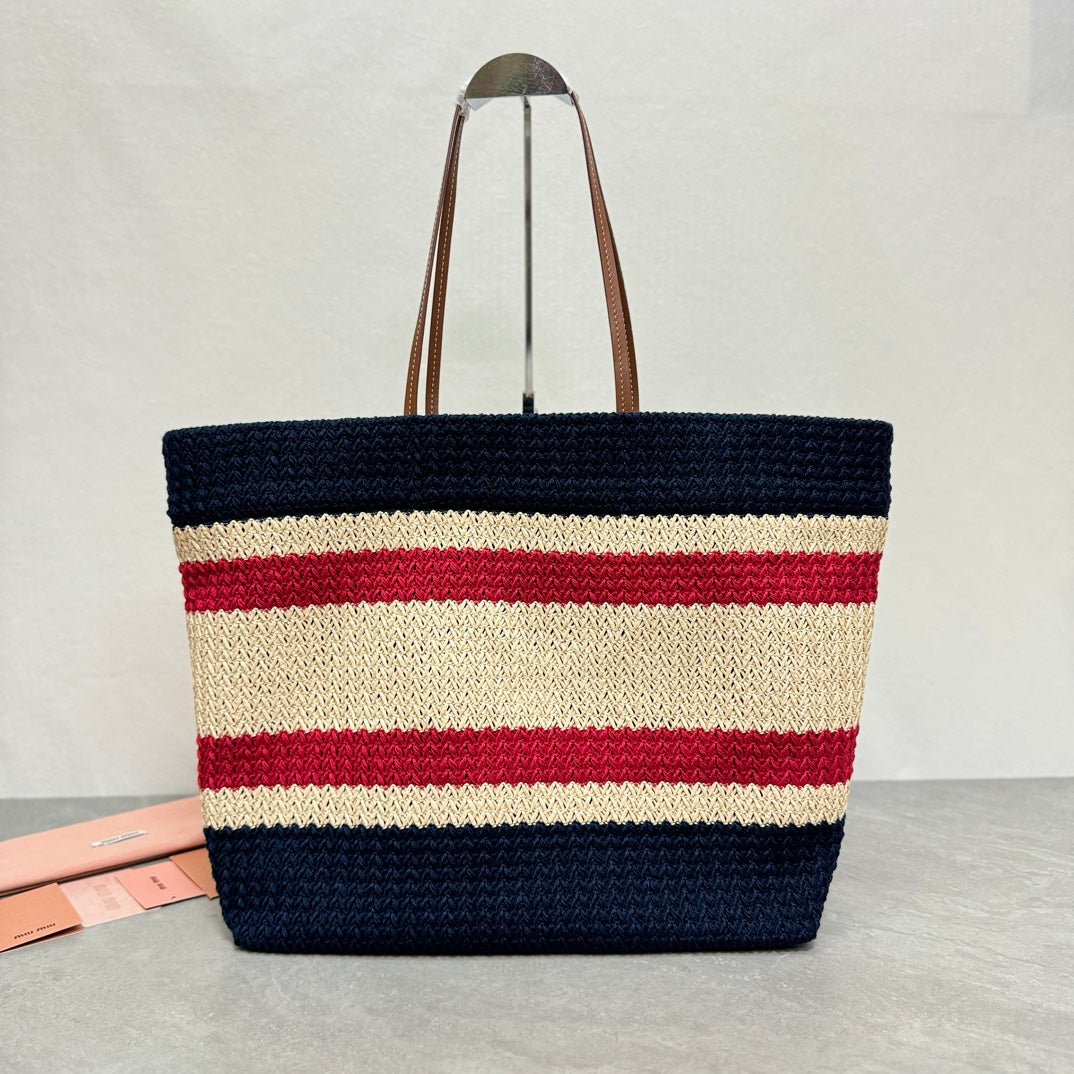Miu Miu Striped Crochet Tote Bag – Navy & Red