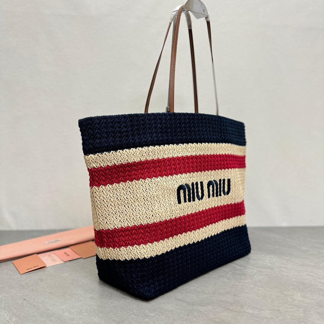 Miu Miu Striped Crochet Tote Bag – Navy & Red