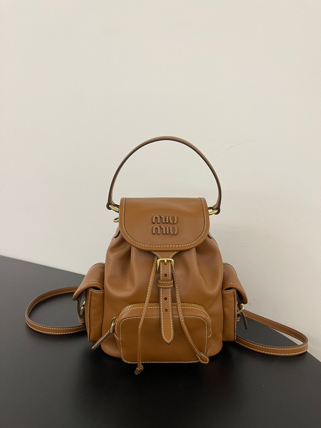 Miu Miu Leather Mini Backpack – Cognac