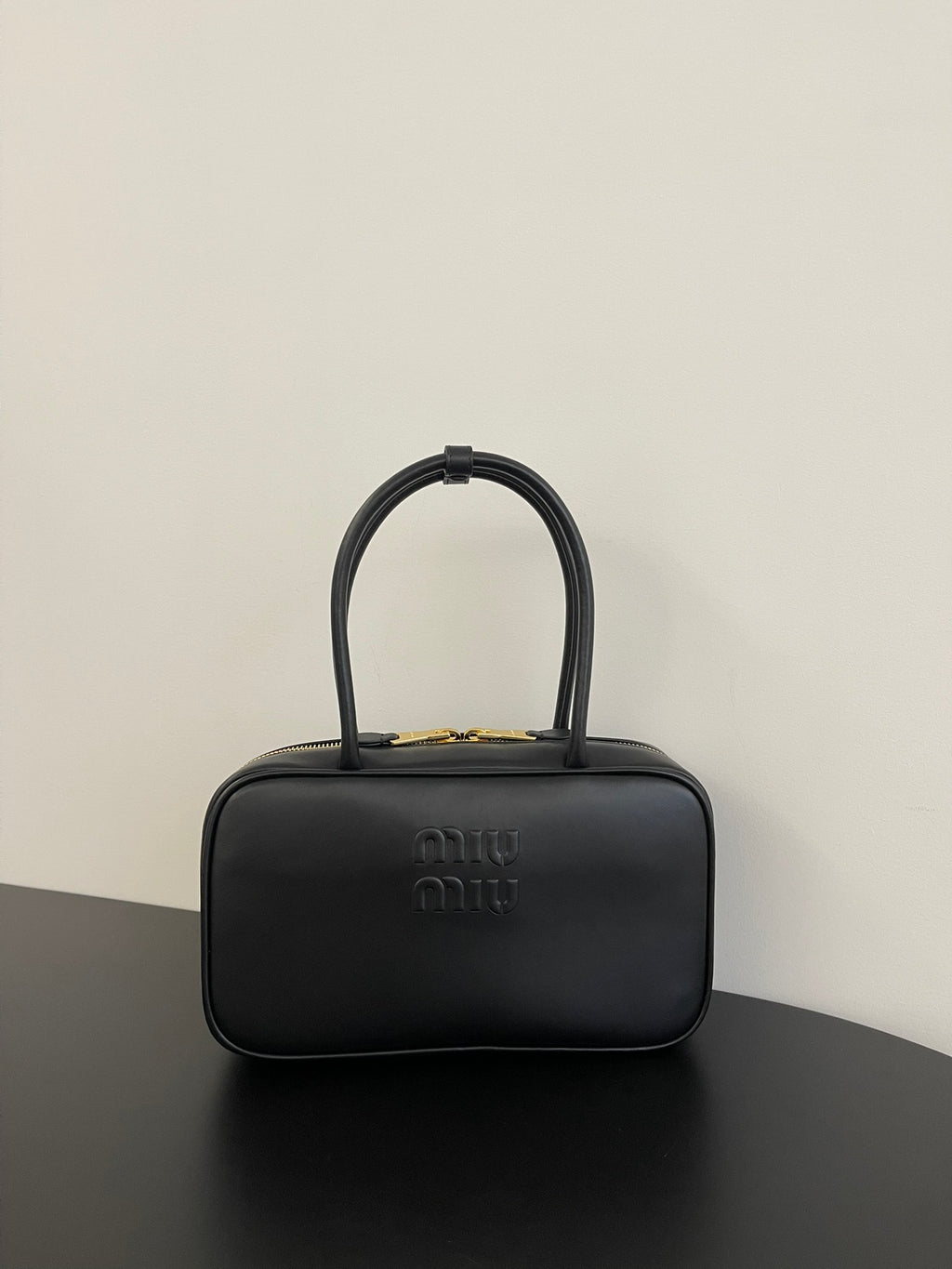 Miu Miu Beau Box Leather Top Handle Bag – Black