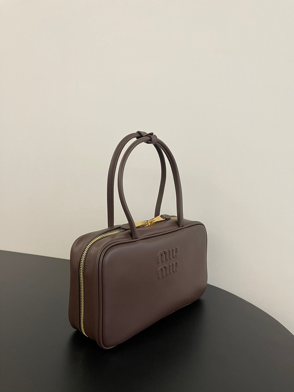 Miu Miu Beau Box Leather Top Handle Bag – Dark Brown