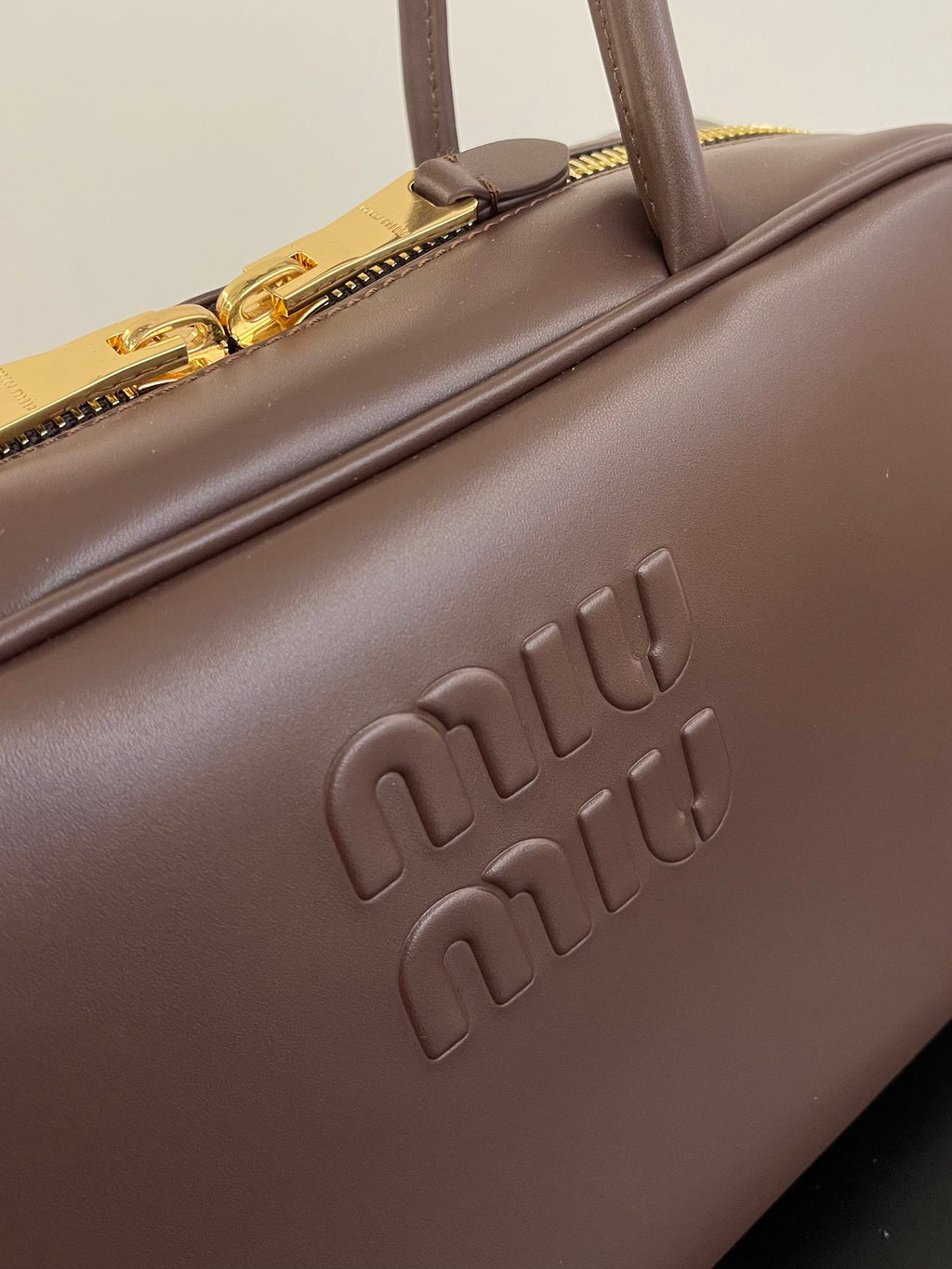 Miu Miu Beau Box Leather Top Handle Bag – Dark Brown