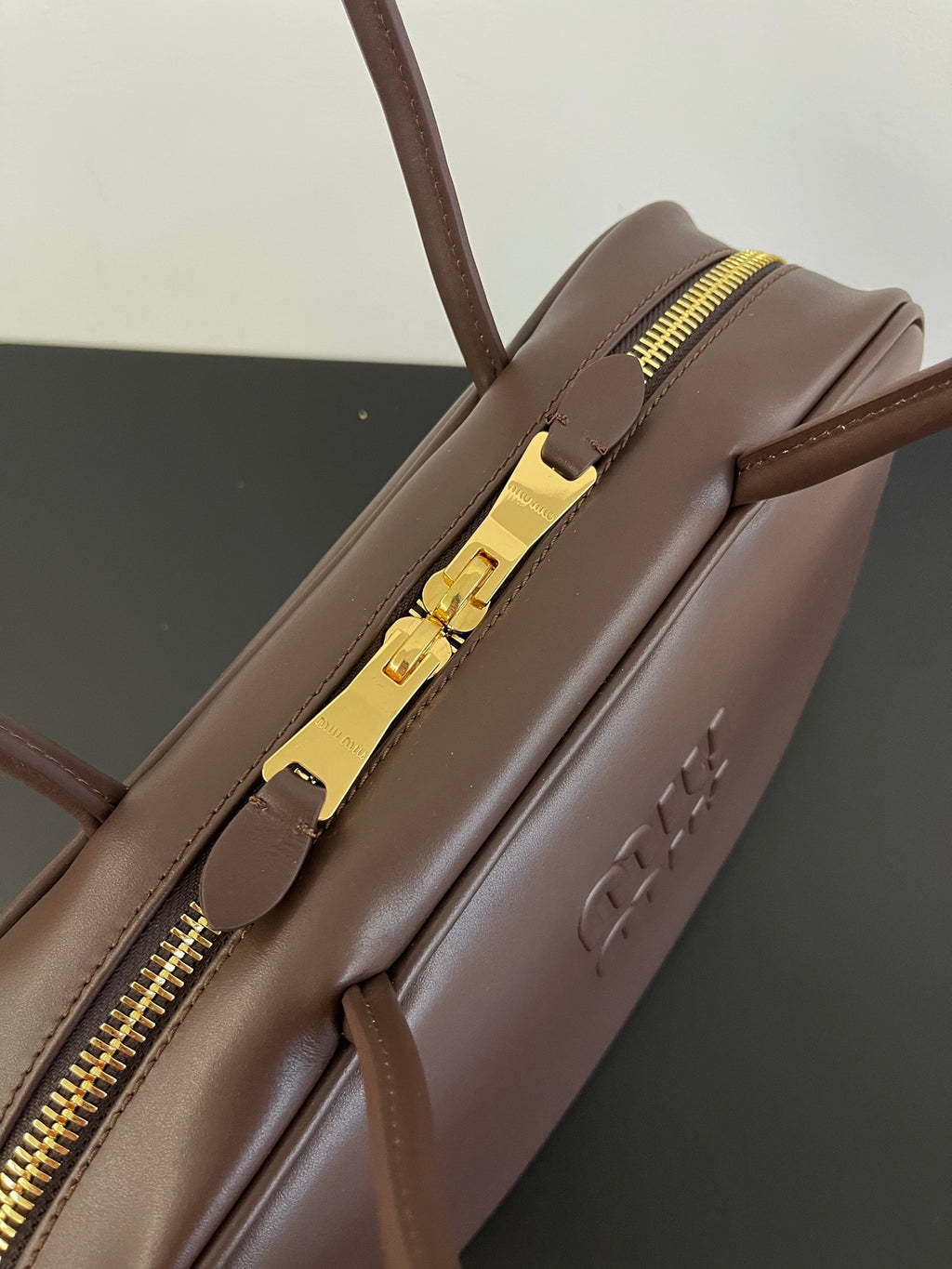 Miu Miu Beau Box Leather Top Handle Bag – Dark Brown