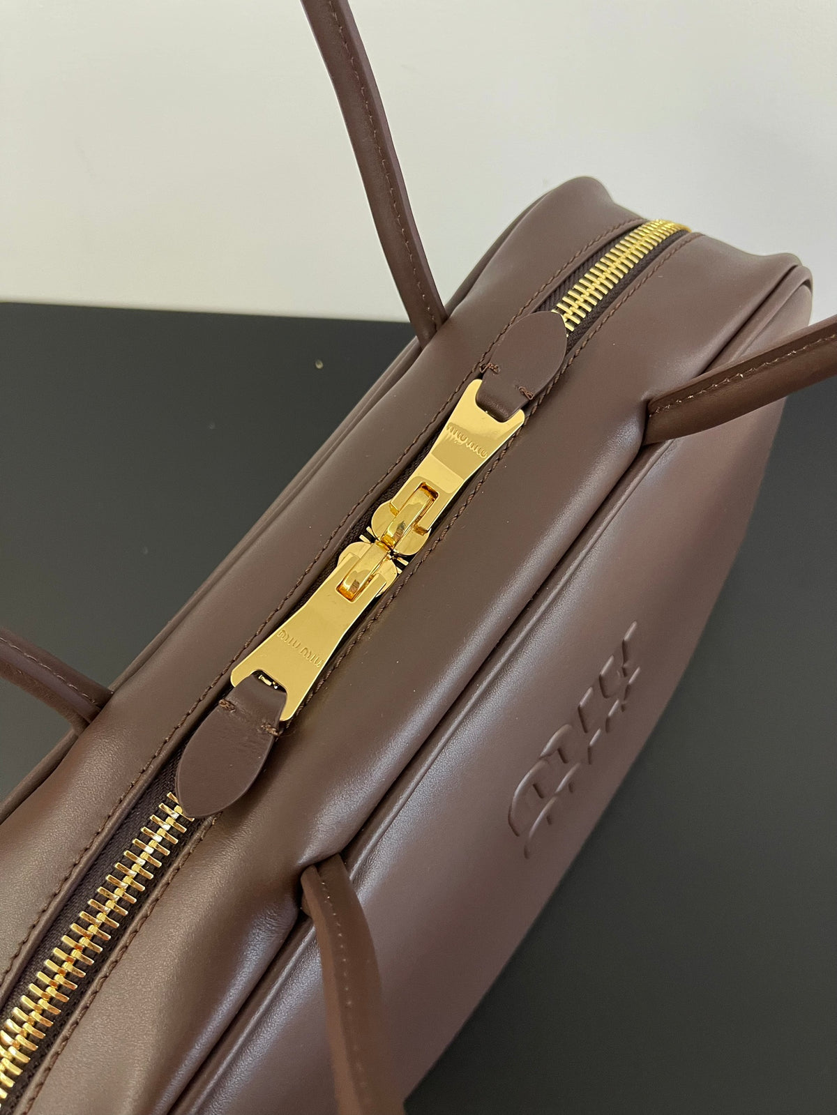 Miu Miu Beau Box Leather Top Handle Bag – Dark Brown