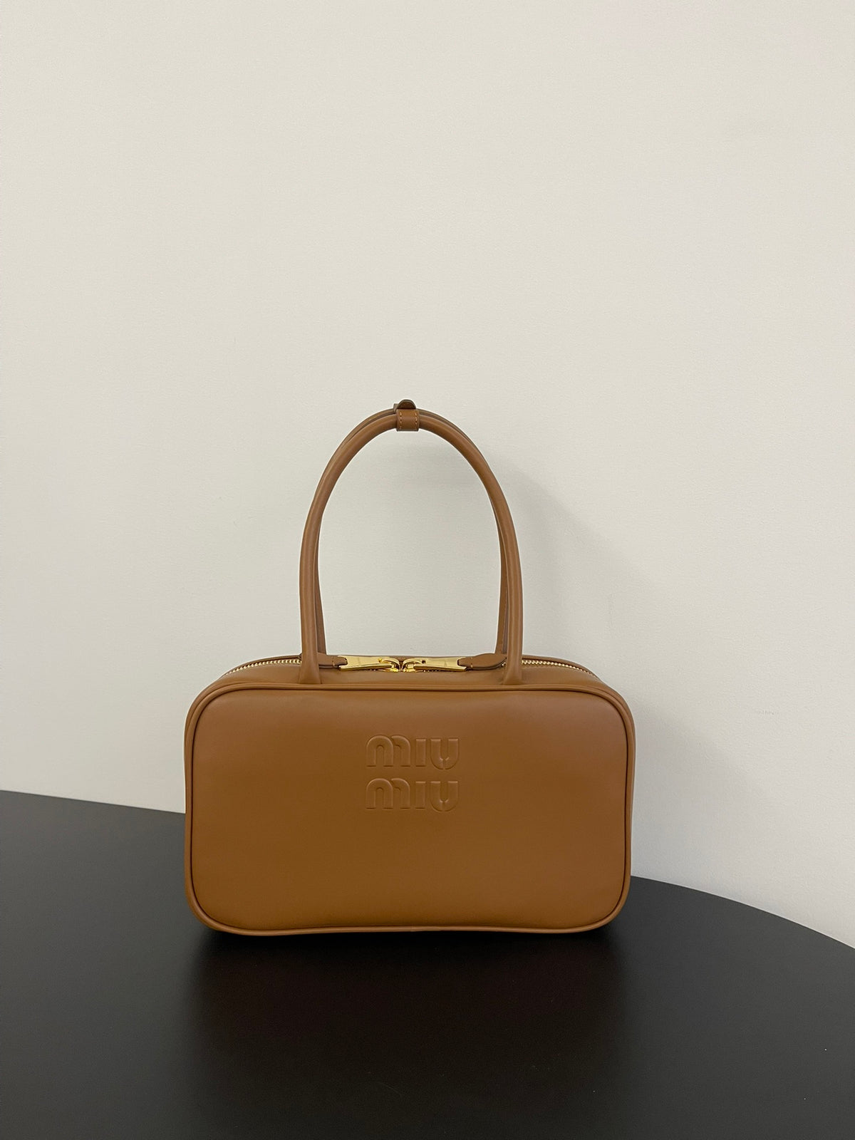 Miu Miu Beau Box Leather Top Handle Bag – Cognac