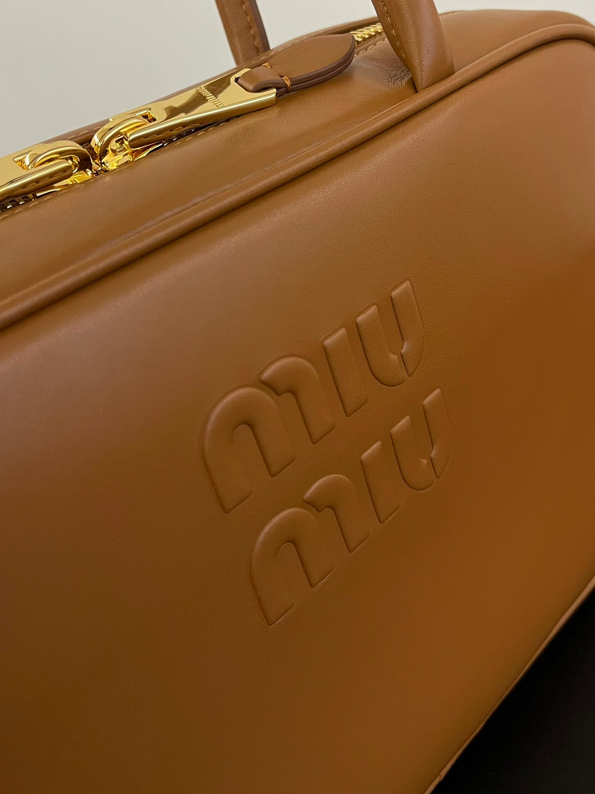 Miu Miu Beau Box Leather Top Handle Bag – Cognac