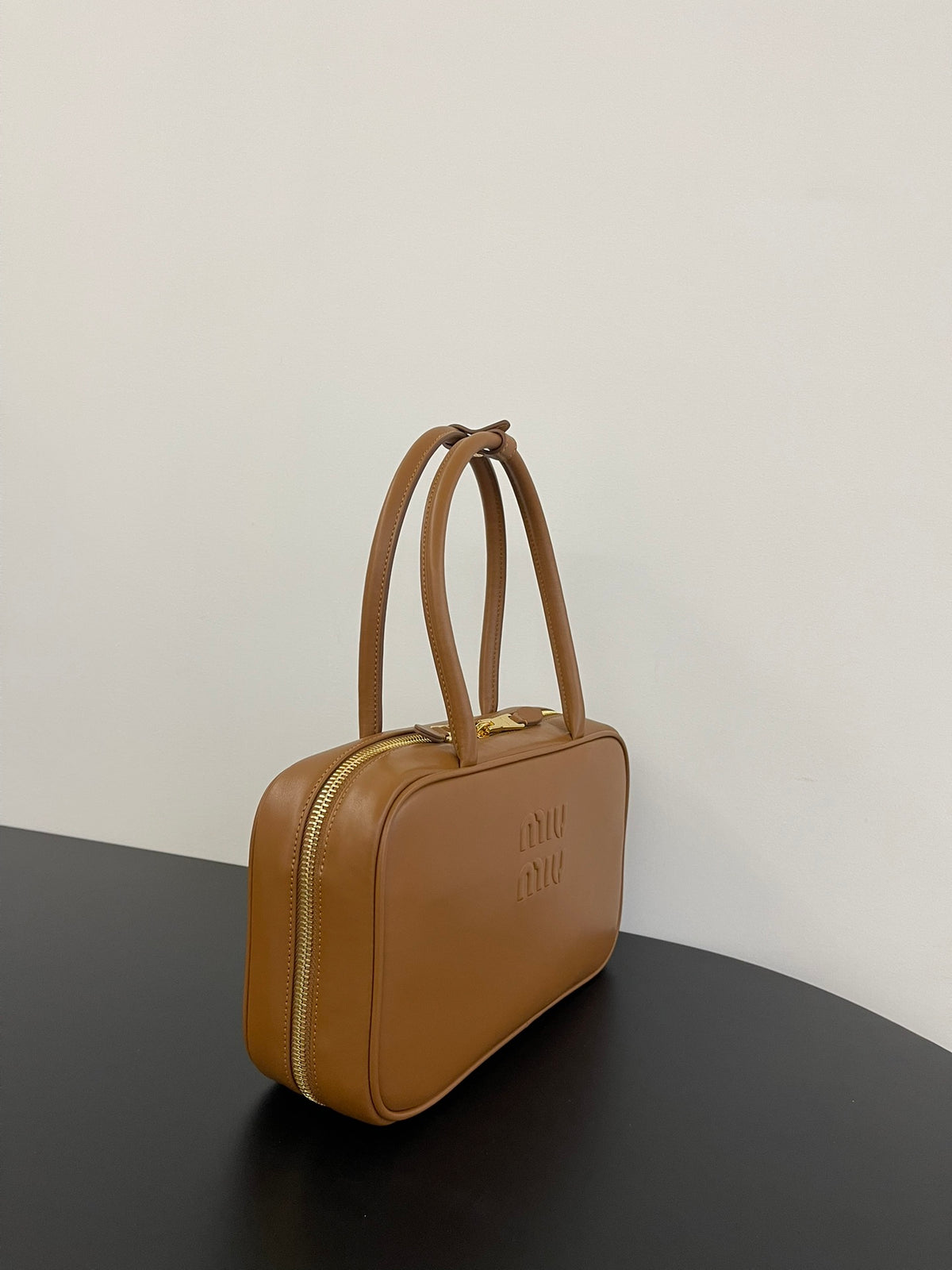 Miu Miu Beau Box Leather Top Handle Bag – Cognac