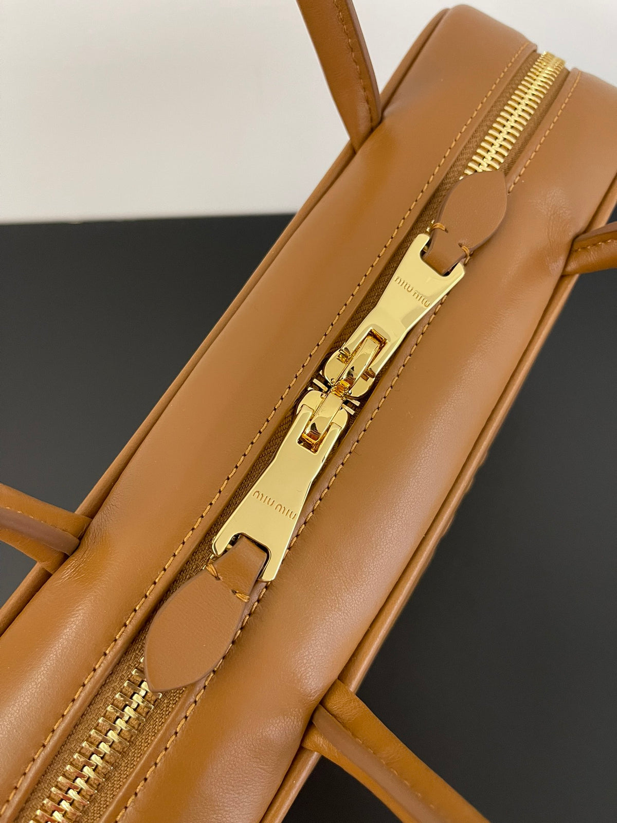 Miu Miu Beau Box Leather Top Handle Bag – Cognac
