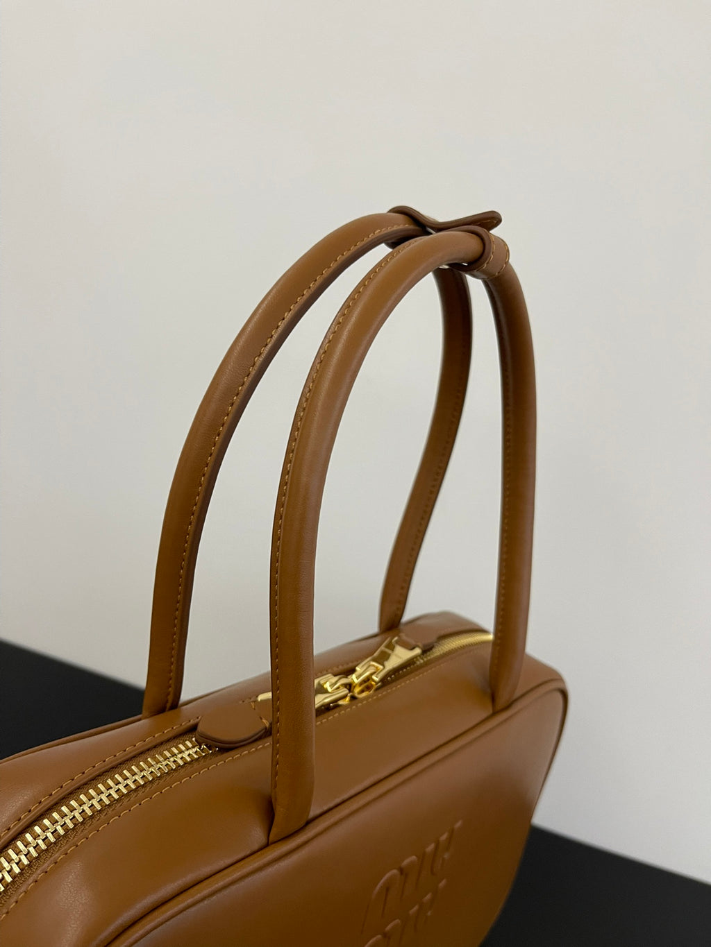 Miu Miu Beau Box Leather Top Handle Bag – Cognac