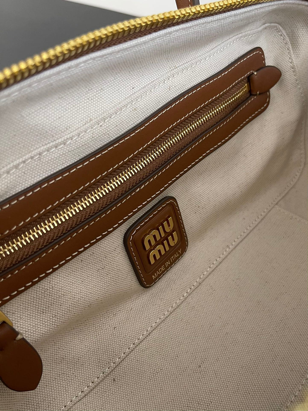 Miu Miu Mini Canvas Top Handle Bag – Beige & Brown