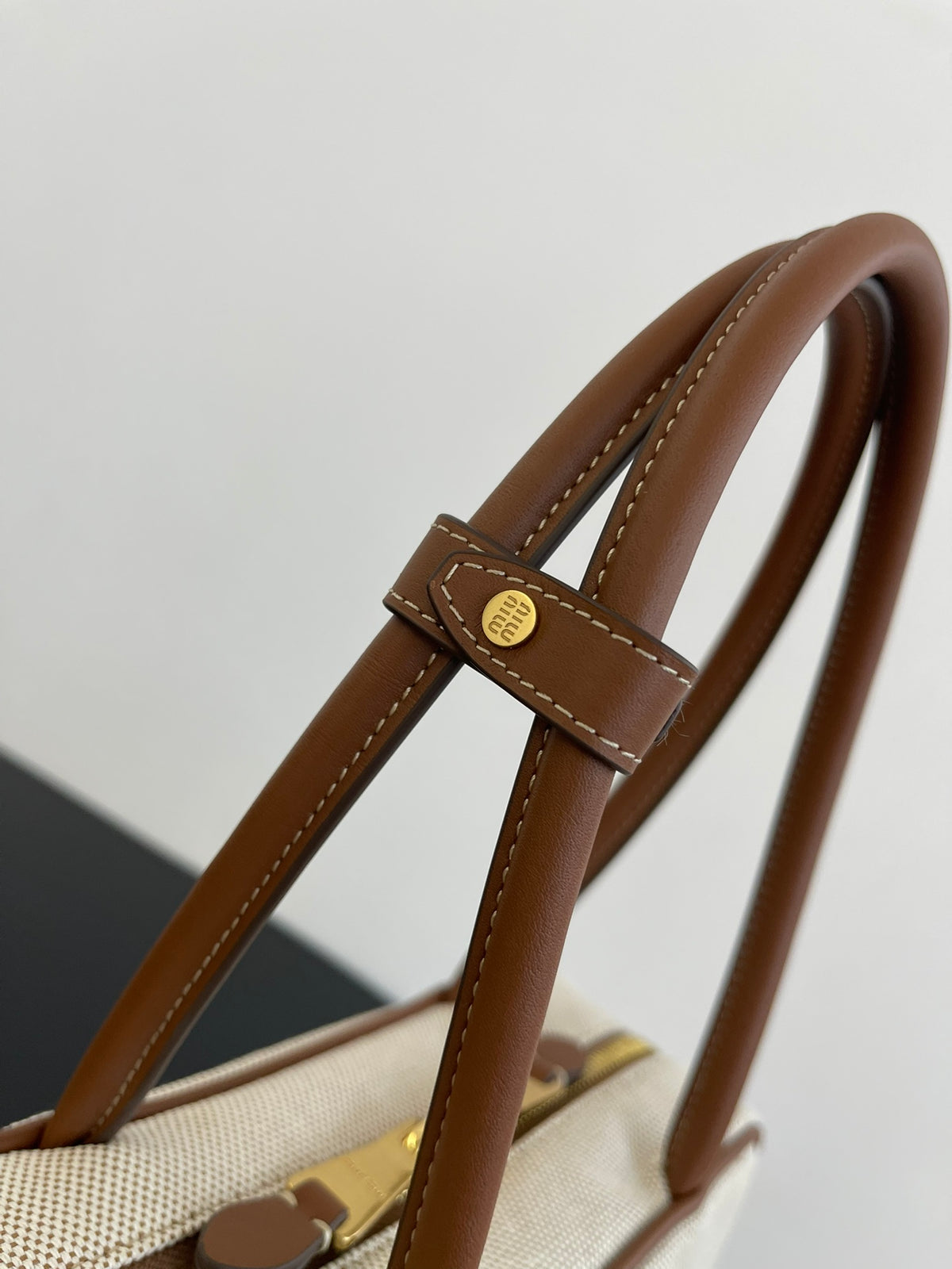 Miu Miu Mini Canvas Top Handle Bag – Beige & Brown