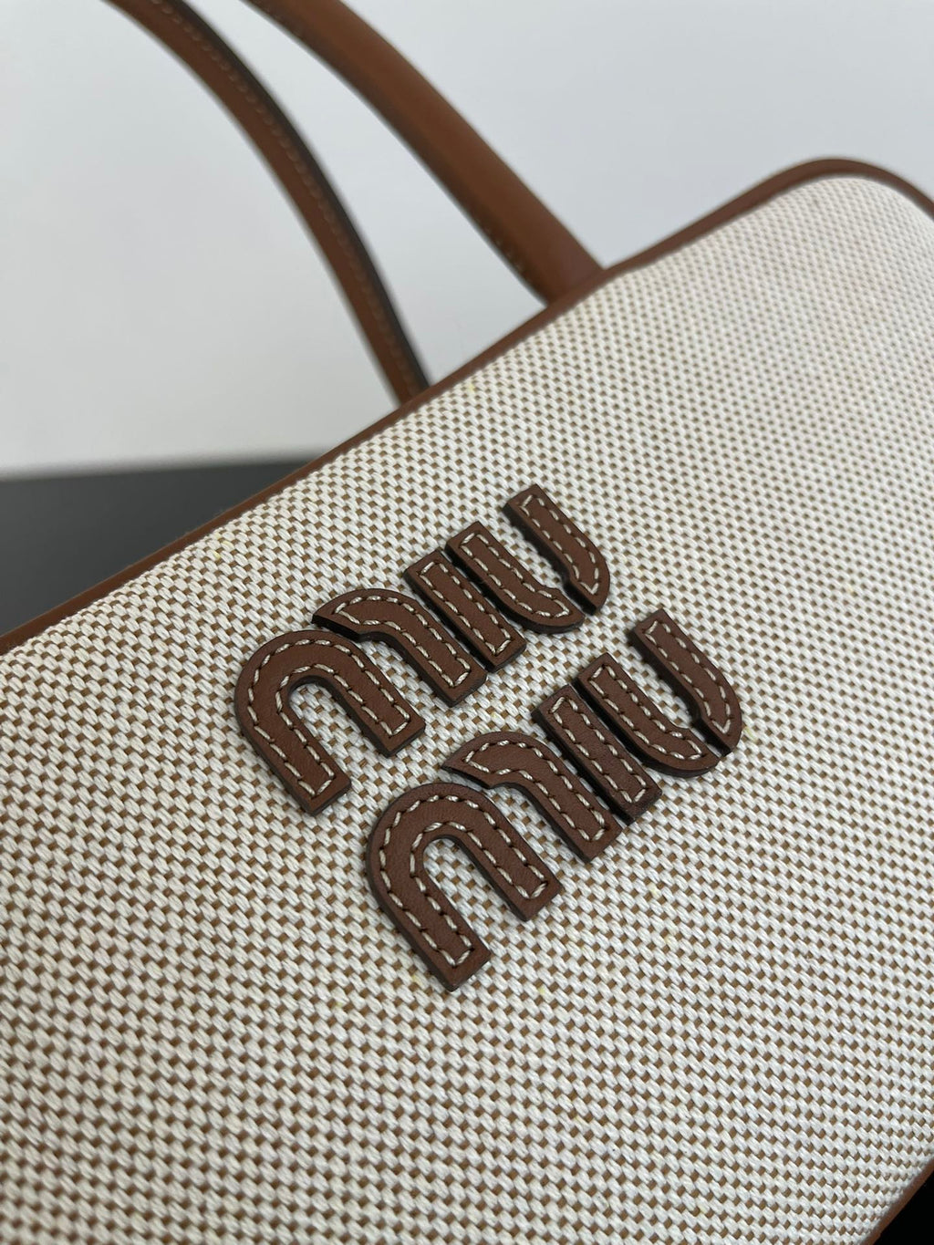 Miu Miu Mini Canvas Top Handle Bag – Beige & Brown