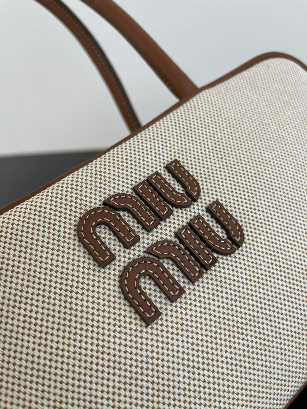 Miu Miu Mini Canvas Top Handle Bag – Beige & Brown