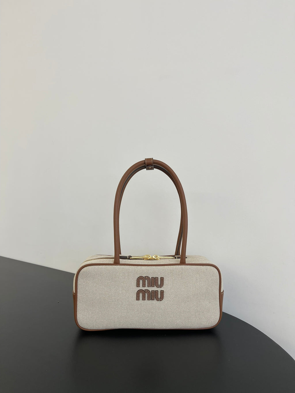 Miu Miu Mini Canvas Top Handle Bag – Beige & Brown