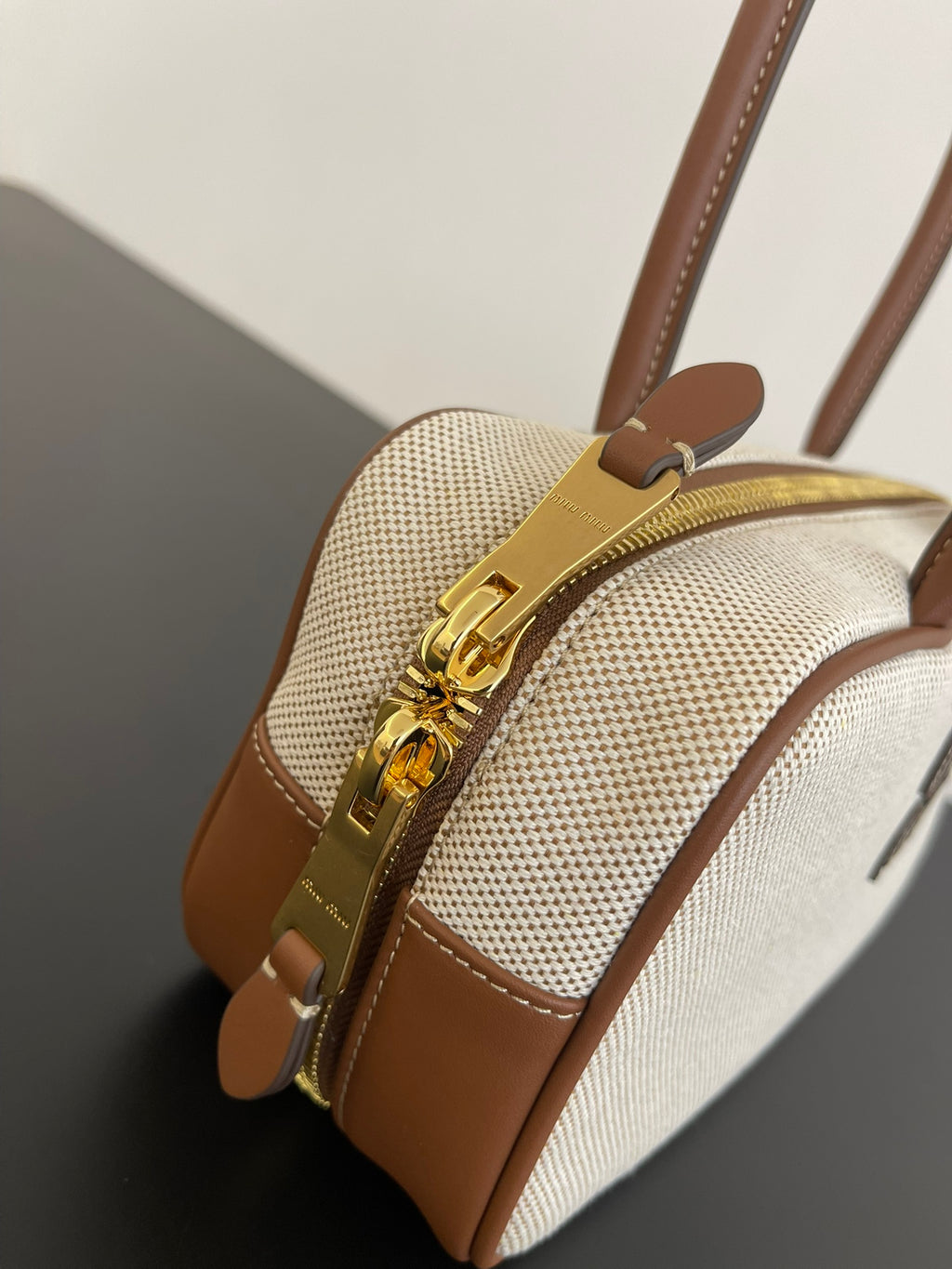 Miu Miu Mini Canvas Top Handle Bag – Beige & Brown