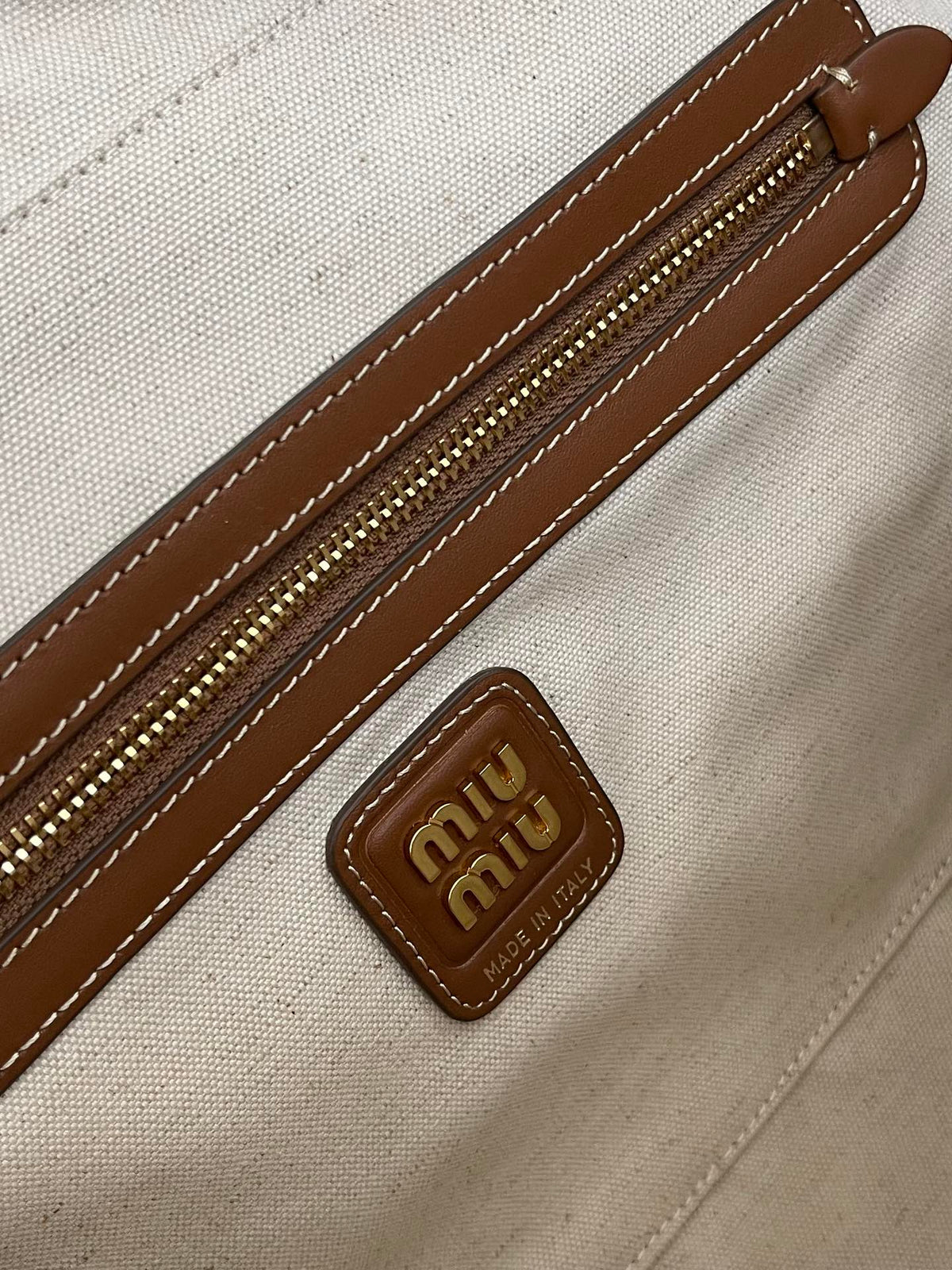 Miu Miu Canvas Top Handle Bag – Beige & Brown