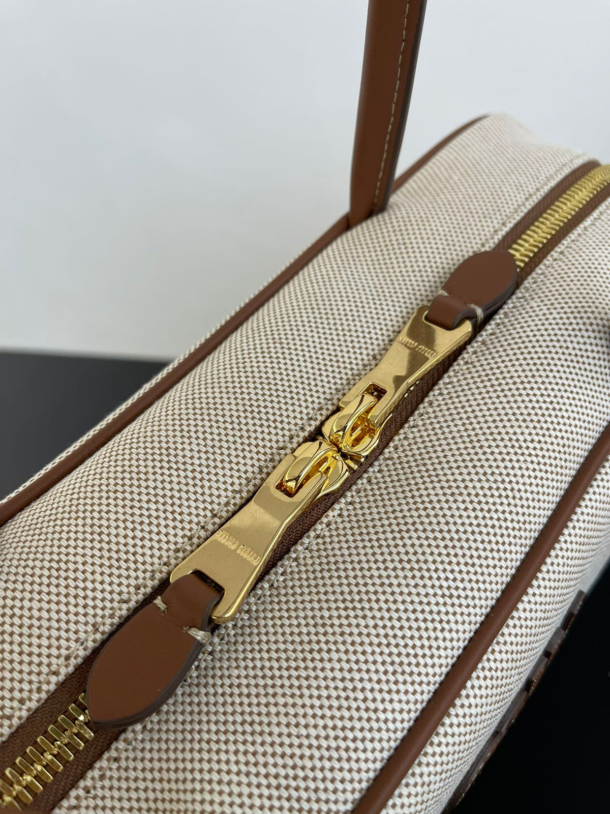 Miu Miu Canvas Top Handle Bag – Beige & Brown