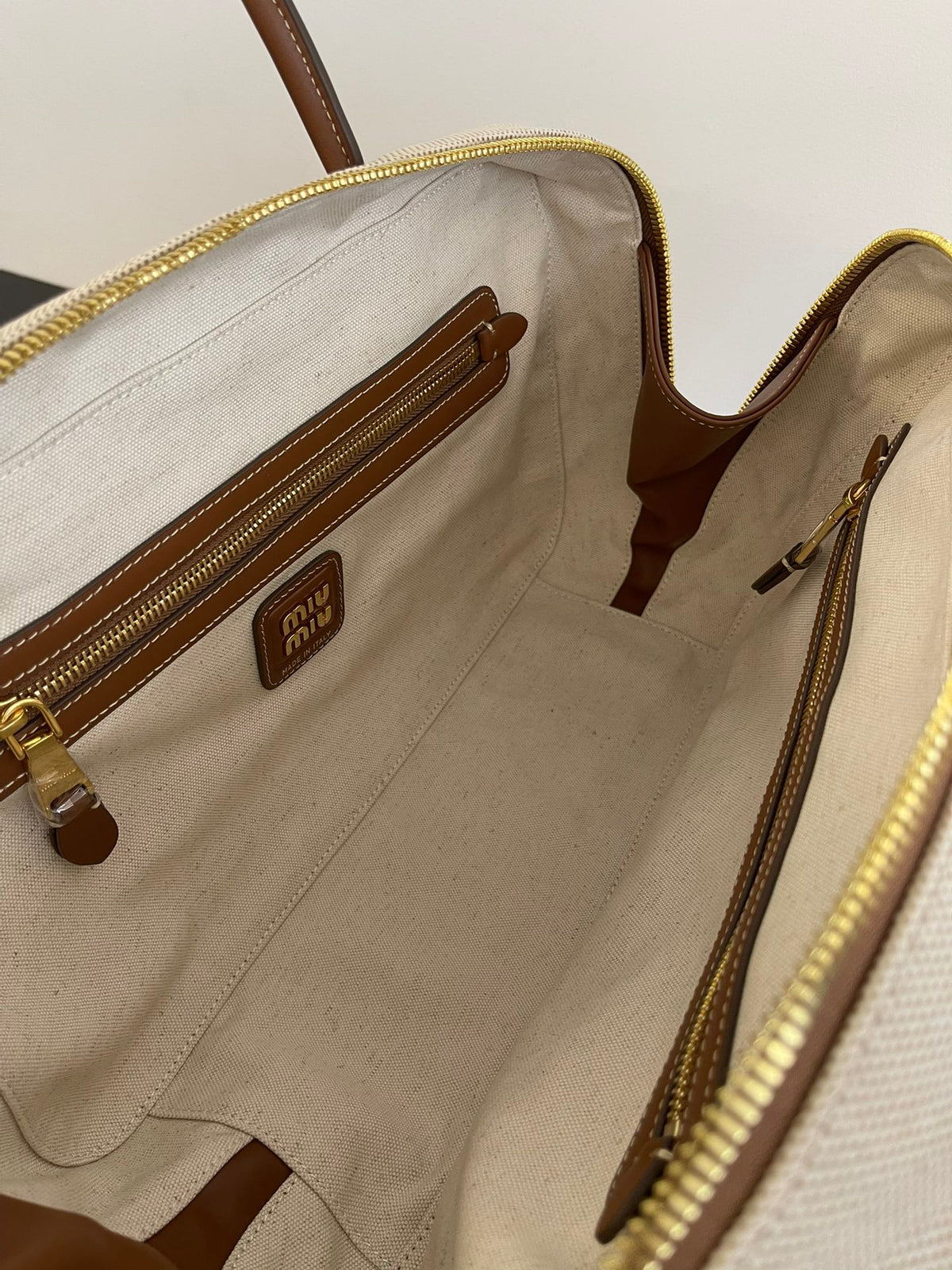 Miu Miu Canvas Top Handle Bag – Beige & Brown