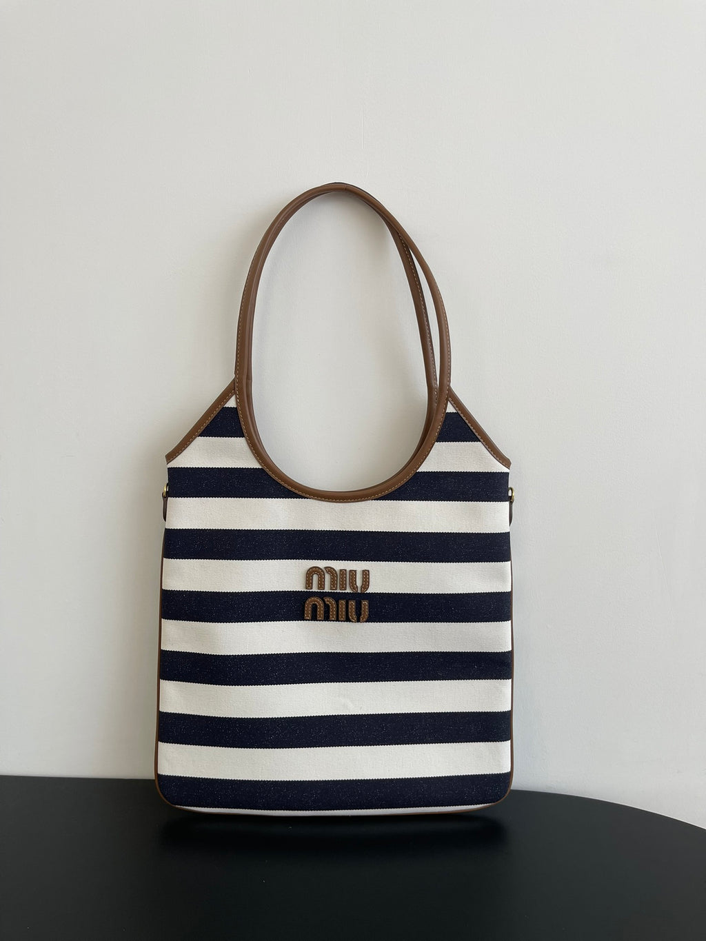 Miu Miu Striped Canvas Tote Bag – Navy & White