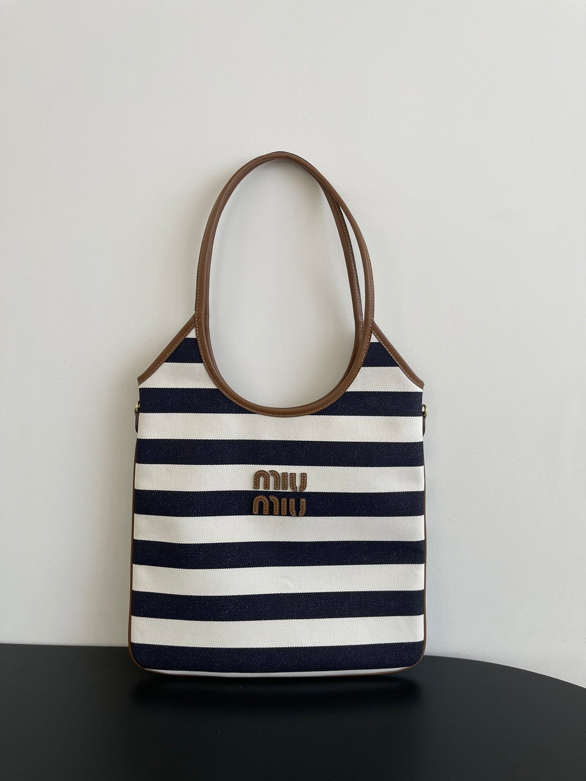 Miu Miu Striped Canvas Tote Bag – Navy & White