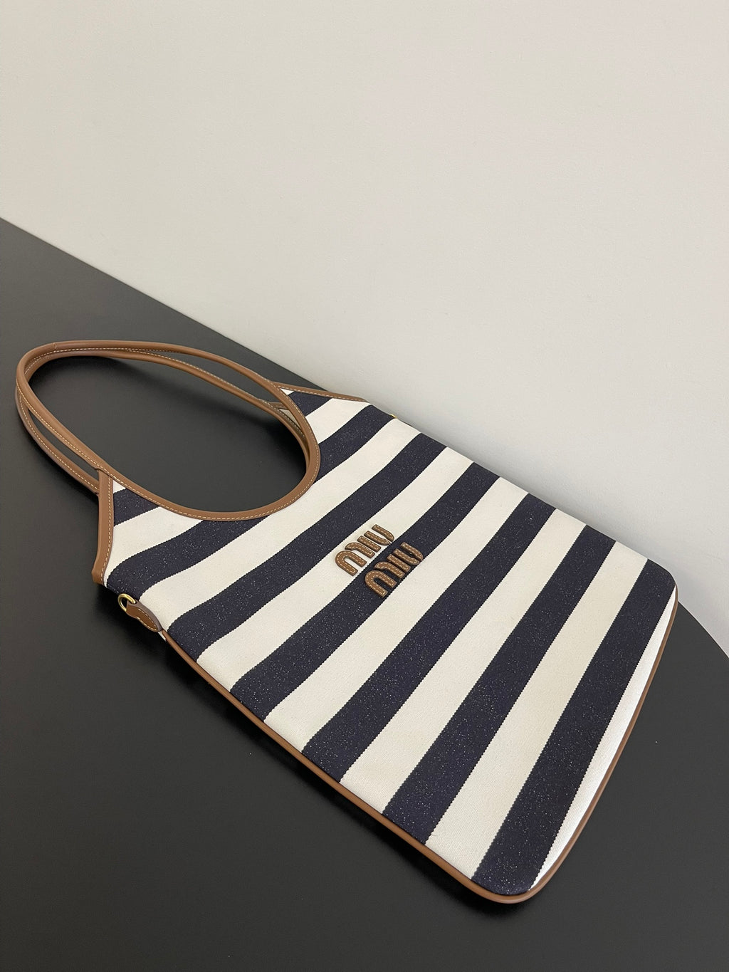 Miu Miu Striped Canvas Tote Bag – Navy & White