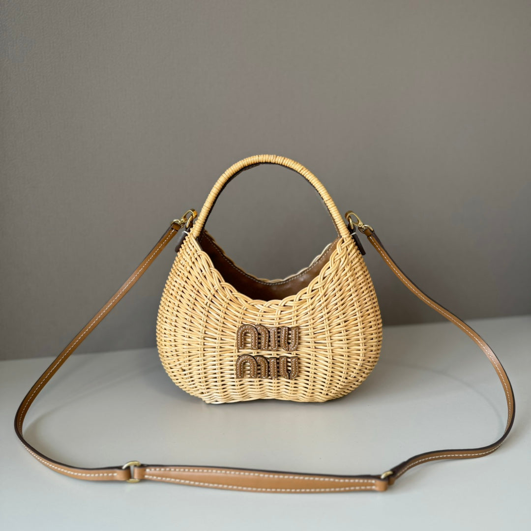 Miu Miu Woven Raffia Mini Hobo Bag – Natural