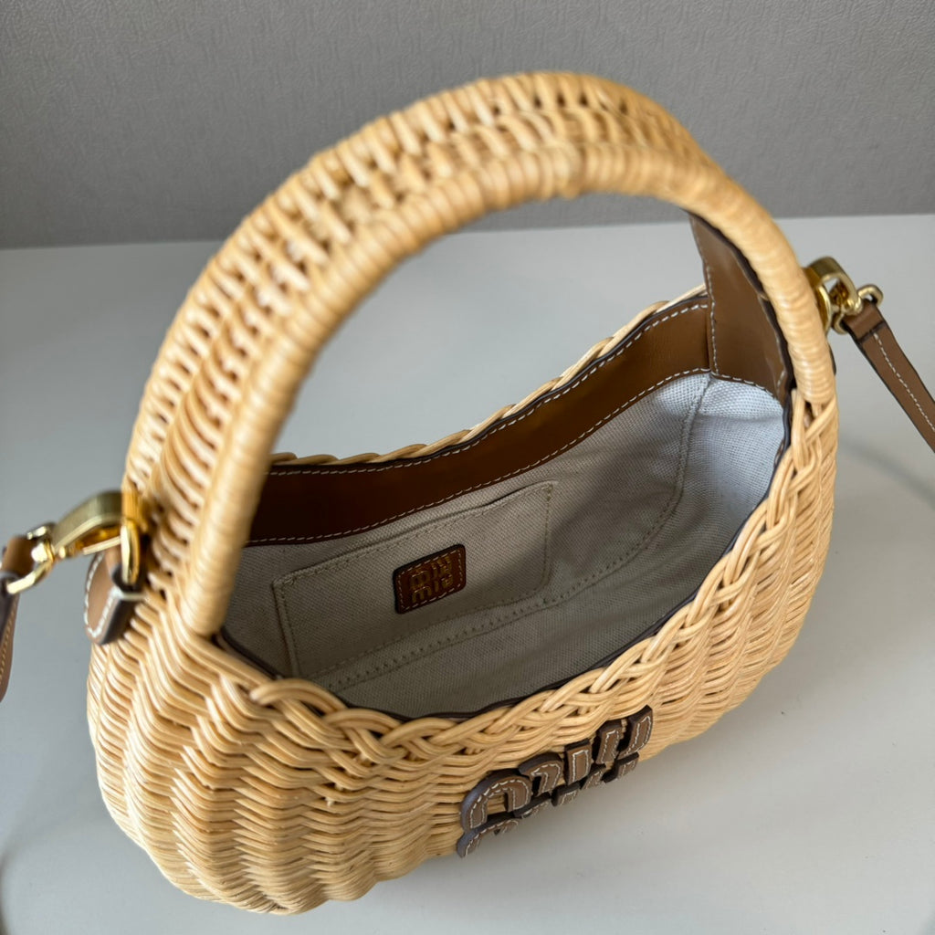 Miu Miu Woven Raffia Mini Hobo Bag – Natural