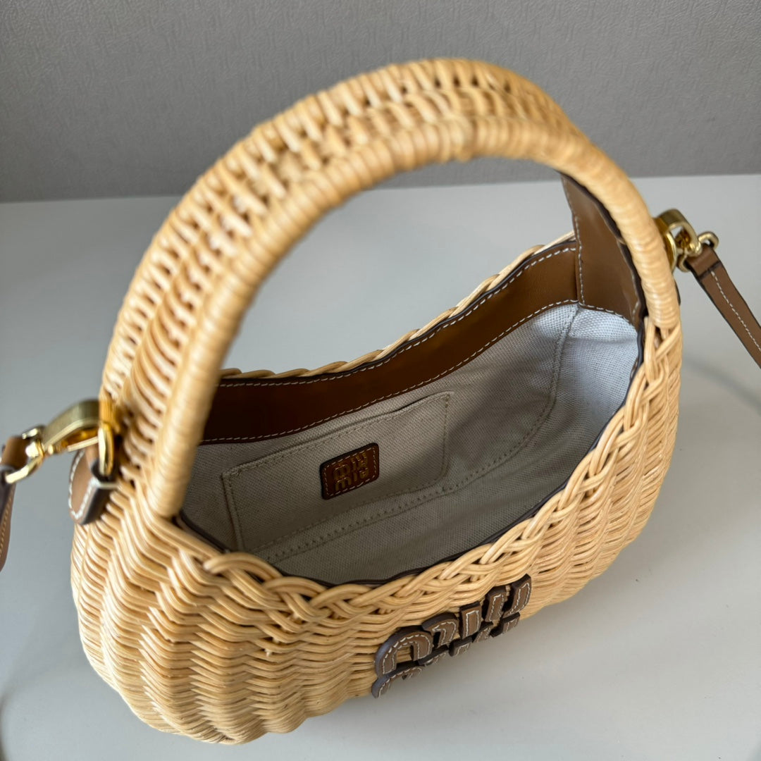Miu Miu Woven Raffia Mini Hobo Bag – Natural